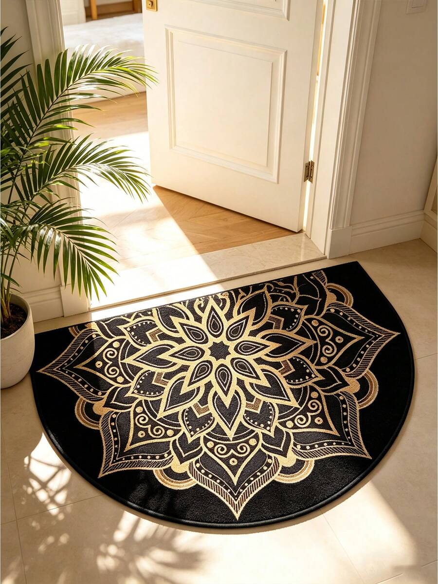 1PC, Lotus Pattern Semi-Circular Door Mat, Symmetrical Pattern Rug, Leaf Pattern Rug, Comfortable Fluffy Rug, Interior Aesthetic Floor Decor Rug, Thickened Rug, Area Rug, Living Room Rug, Bedroom Rug