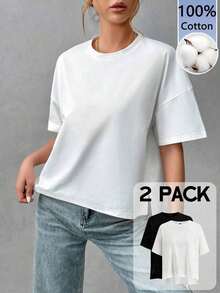 Camiseta holgada de estilo minimalista casual para mujer, con parte delantera corta y parte trasera larga, versátil para usar en la calle, adecuada para primavera y verano - Multicolor 3 - Ver 1