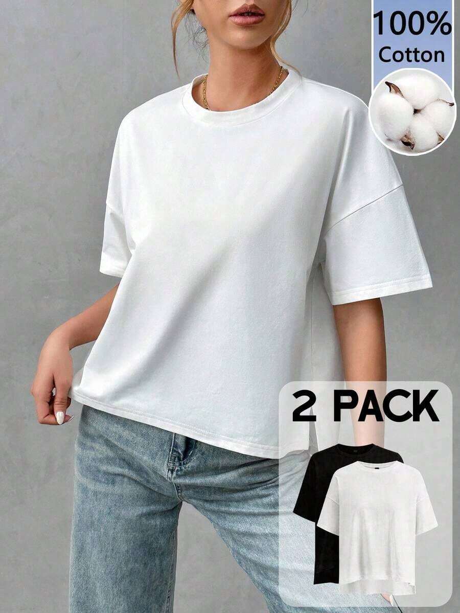 Camiseta holgada de estilo minimalista casual para mujer, con parte delantera corta y parte trasera larga, versátil para usar en la calle, adecuada para primavera y verano - Multicolor 3 - Ver 1