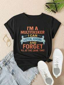 Women's Casual Short-Sleeve T-Shirt - "I'm A Multitasker, I Can Listen, Ignore, And Forget Everything At The Same Time," Crew Neck, Summer Top, Machine Washable, Ladies' T-Shirts, Casual Wear, Modern Style, Comfortable Fit

-White - 黑色 - 查看 2