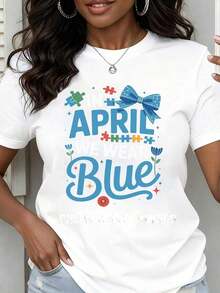 Camiseta de cuello redondo para mujer, con estampado de piezas de rompecabezas azules y lazo, manga corta, para el Mes de Concientización sobre el Autismo. - Blanco - Ver 7
