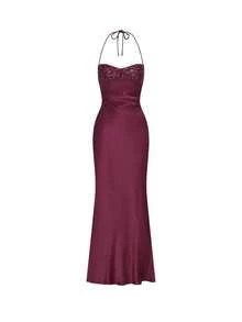Vestido Largo Satén Lentejuelas Strapless 2026 Espalda Descubierta Fiesta - Morado - Ver 7