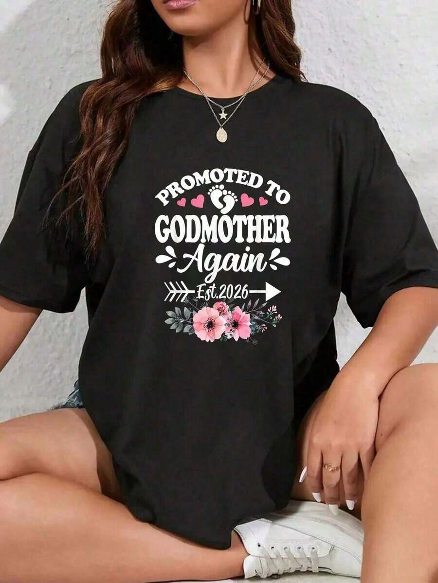 1 pieza 100% Algodón Unisex - Promovido a Madrina de Nuevo Est fashion Camiseta de Anuncio de Embarazo - Suave 100% Algodón, Transpirable, Casual de Manga Corta para Primavera y Verano para Amantes de las Camisetas 230gComfortable, versatile short-sleeved top. - Negro - Ver 1