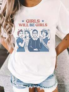 1 Women's T-Shirt, Featuring A Red Graphic Design Including The Text "WILL BE", Four Illustrated Female Figures (Red Scarf, Statue Of Liberty Crown, Short Hair, "She Is Number One" Banner), Blue Stars, Light Blue Denim Fabric (Frayed Hem, 180g, 100% Soft Cotton). - 白色 - 查看 2