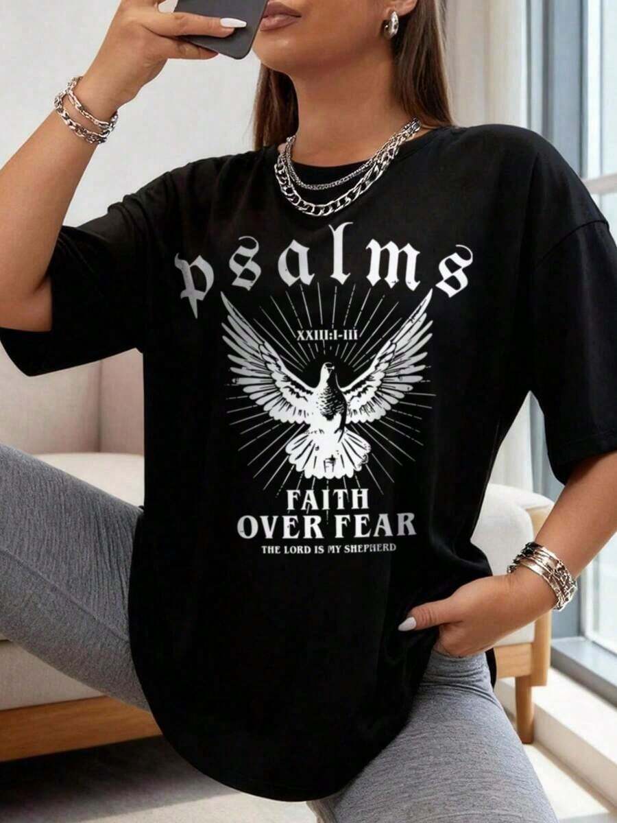 1 Piece Of Women's Oversized Style T-Shirt, Christian T-Shirt "Faith Over Fear", Christian Gift, Faith T-Shirt, Oversized T-Shirt For Women, Perfect For Christmas Parties Or As A Gift, Soft And Comfortable, 180g 100% Cotton, Designs Are Printed. Unisex. - 黑色 - 款式 1 - 查看 1