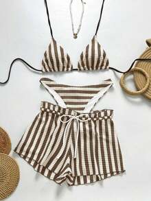 Swim Chiccia Conjunto de shorts y vestido de playa a rayas para vacaciones de mujer - Café integral - Ver 7