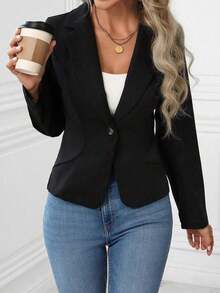 Clasi Blazer casual de unicolor, otoño - Negro - Ver 4