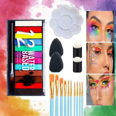 12 Colors Water-Soluble Painting Set, Professional Painting Palette With Full Set Of Brushes, Sponges And Mixing Palette, High Color Payoff And Easy To Clean, And For Skin, Suitable For Halloween, Cosplay, Stage Makeup, Party Makeup, Rainbow Makeup, Skeleton Makeup, Creative Makeup, Long-Lasting And Smudge-Proof, Full Set Of Makeup Tools For Holiday Celebration And Performance