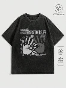 1pc camiseta unisex de corte holgado, cuello redondo y manga corta con efecto desgastado, diseñada por un artista al estilo Y2K, hecha de 1pc00% algodón (220g). Este estilo casual y versátil es perfecto para la moda urbana, el uso diario, campamentos, conciertos y eventos de hip-hop, rock y rap, y presenta un estampado de estrellas. Es una opción ideal. - Negro - Ver 6