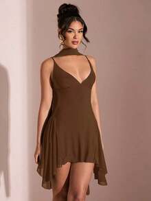 Vestido corto de gasa con escote en V profundo y cinta de color negro sólido, adecuado para citas diarias, salidas nocturnas, discotecas, fiestas, reuniones, fiestas de cóctel, monos de vacaciones, fiestas en la piscina, ropa de oficina, vestidos para ir y venir - Marrón - Ver 3