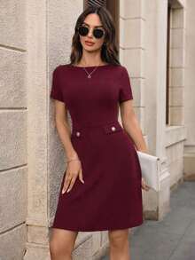 Vestido mini elegante y chic de mujer con unicolor, decoración de botones y encaje en la cintura, para el verano - Rojo - Ver 7