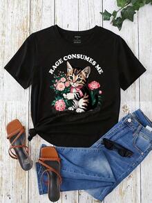 Women's Oversized Crew Neck Graphic T-Shirt, 100% Cotton, Floral Cat 'Rage Consumes Me' Design, Casual Wear, Loose Fit Short Sleeve Tops For Spring, Fashionable Summer Basic T-Shirts, Clothing Gift For Women - 黑色 - 查看 2