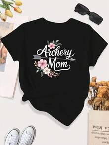 [Print Design]Archery Mom With Floral Arrow Large Size Women's Casual Sports T-Shirt[Suitable For Leisure And Sports Activities] - Multicolor - View 1