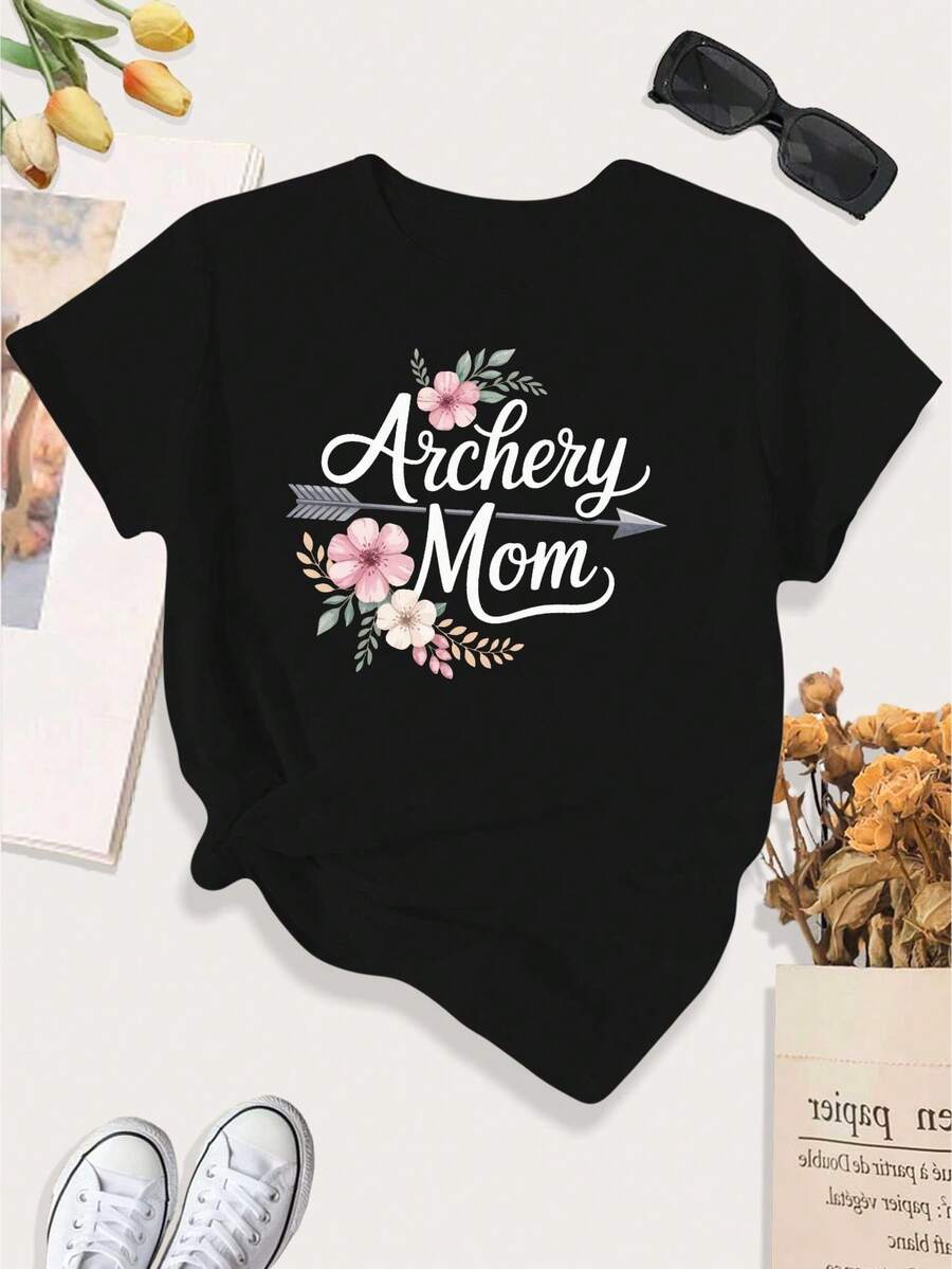 [Print Design]Archery Mom With Floral Arrow Large Size Women's Casual Sports T-Shirt[Suitable For Leisure And Sports Activities] - Multicolor - View 1