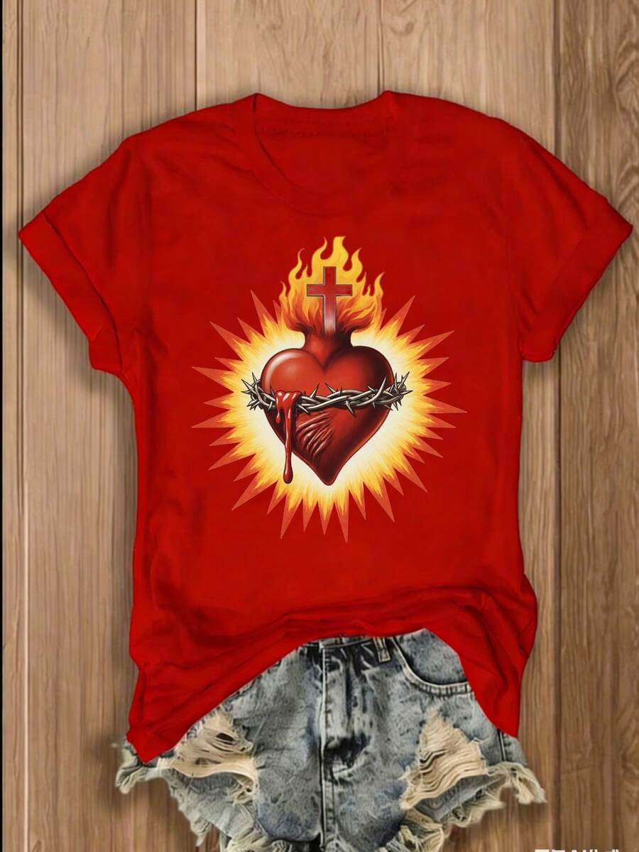 Camiseta de Cuello Redondo 100% para ujer, oda Urbana con Gráfico de Corazón Rojo Cruzado (Espinas, lamas, Goteos de angre) y Aura Radiante, Regalo Retro para el Día de an Valentín o Carnaval, Top Transpirable y Cómodo para Todas las Estaciones, oda Casual y Versátilcreencias cristianas |   Algodón puro, suave y transpirable |   Para uso diario o en la iglesia |   Ideal para creyentes y regalos |   Camiseta con estampado de versículos bíblicos y diseño conmemorativo de Jesús