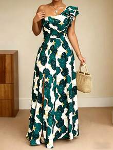 Elegant Floral Print Maxi Dress With Ruffle Hem And Side Slit, Bohemian Woven Fabric, Zipper Closure, Suitable For Beach Vacation In Summer - Green - View 4