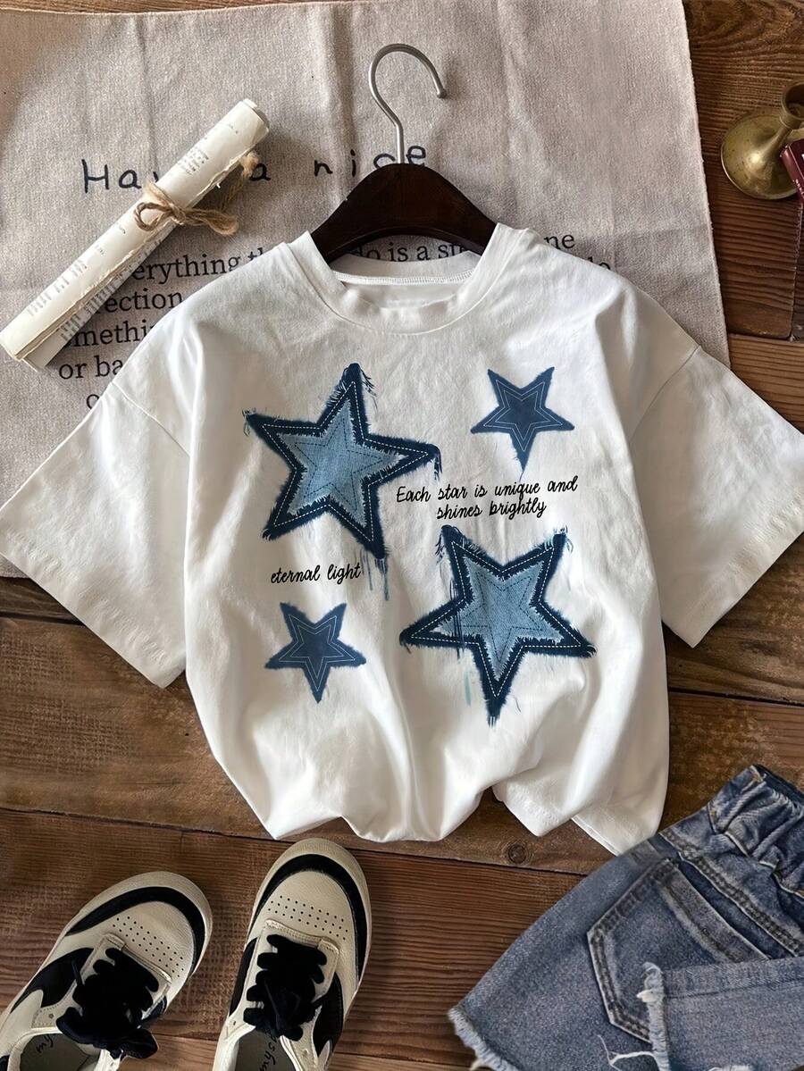 GiftGraphic T-Shirts, Women's Casual Short Sleeve T-Shirt With Star And Letter Print, 100% Cotton, Soft - 白色 - 查看 1