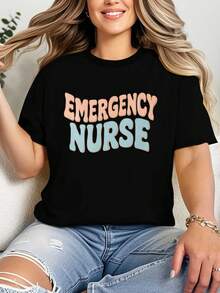 VivaGlam-Women'S Retro Emergency Nurse Graphic T-Shirt - Comfort Fit With Bold Red & Teal Lettering, Casual Workwear For Nurses, EMTs, Paramedics - All-Season Round Neck Tee, Nurse Shirt, Paramedic Apparel, Paramedic Uniform, Versatile Apparel, Geometric Pattern, Professionals, Emt Clothing - 黑色 - 查看 6