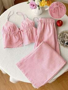 casual de 2 piezas de mujer con rayas tejidas, para primavera/verano - Rosa Pálido - Ver 7
