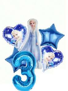 6pcs Authorized Frozen Princess Blue Style Girls Birthday Party Balloon Set Decoration, Including Blue And White Balloons, Birthday Party Decorations, Birthday Wishes Balloon Combo, Foil Balloons, 18 Inch Patterned Round, Heart And Star Foil Balloons, Suitable For Birthday Growth Ceremony Party Wall Decor Background - View 5