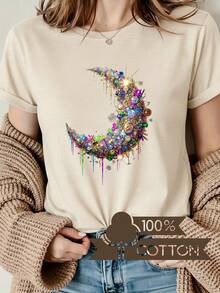 Women's T-Shirt With Round Neck And Anime Letter Print, Simple Design, Comfortable And Breathable, Suitable For Casual Daily Wear, Showing A Natural And Elegant Style, A Must-Have For Summer Parties, Shipped Locally With Gemstone And Metal Embellishments. - 杏色 - 查看 12