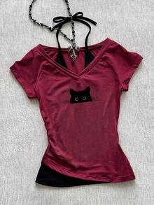 Camiseta de mujer casual de cuello en V retro, con atar, de manga corta y contraste de color, adecuada para el verano - Multicolor 5 - Ver 1