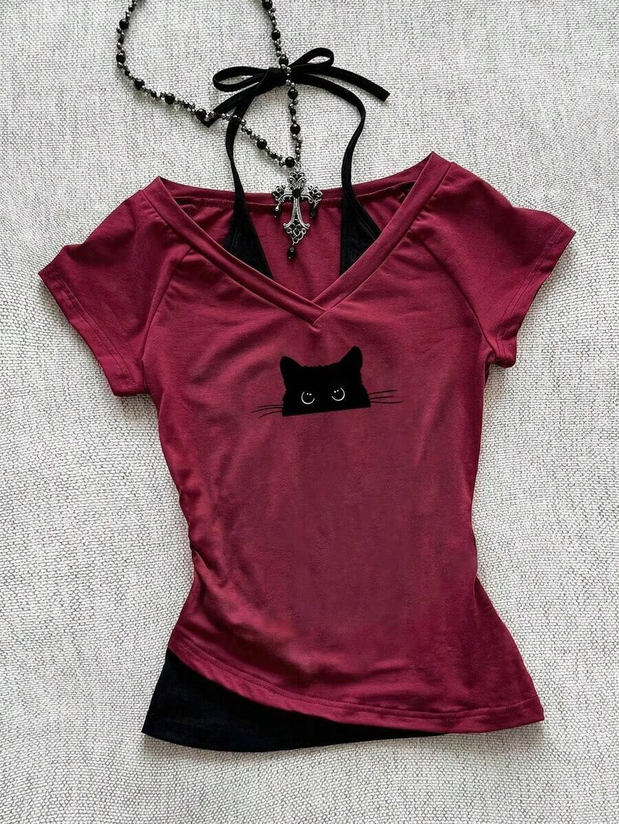 Camiseta de mujer casual de cuello en V retro, con atar, de manga corta y contraste de color, adecuada para el verano - Multicolor 5 - Ver 1