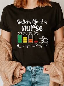 This Stylish Everyday T-Shirt Is Lightweight, Features A Nurse Letter Print, A Round Neck, Short Sleeves, And Is A Casual Sports Top, Suitable For Chic Feminine Fashion In Spring And Summer. - 黑色 - 查看 8