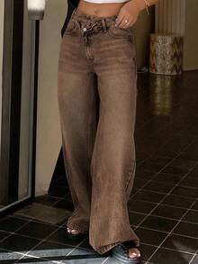 Jeans de pierna recta con diseño de cintura baja para mujeres - Marrón 2 - Ver 2