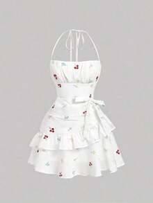 Vestido mini con cuello halter romántico y de moda para mujer - Blanco - Ver 6