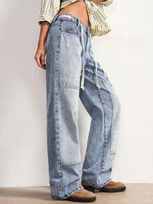BohoFeels Pantalones vaqueros de tiro bajo, estilo boho, de invierno/primavera, para mujer, con estampado de rayas, parches de mezclilla lavada y pierna recta holgada, en estilo occidental y campestre, adecuados para conciertos, fiestas, vacaciones en la playa, uso diario, vuelta al colegio, salidas y fiestas, Año Nuevo - Multicolor - Ver 6
