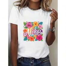 1 camia de estampado hawaiano Aloha para mujer - Diseño floral vibrante, transpirable y cómoda, cuello redondo, regalo perfecto para deportes o uso casual, camia deportiva | Camia con estampado vibrante | Ajuste cómodo - [Blanco] - Ver 1