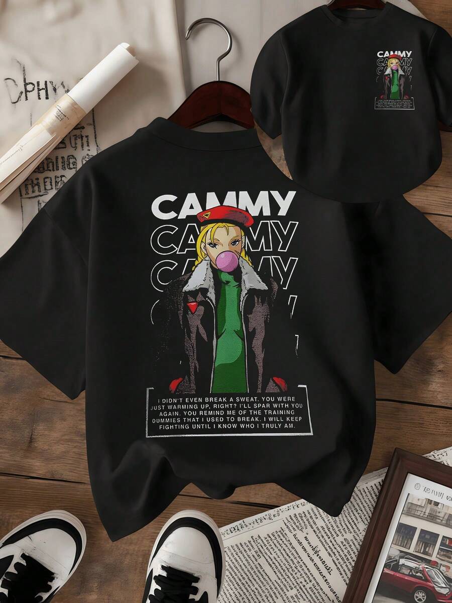 Figura de una mujer fuerte con atuendo militar que representa determinación valentía y espíritu indomable con texto inspirador que motiva a seguir luchando hasta descubrir la verdadera identidad camiseta de mujer con estampado doble moderno y casual - Negro - Ver 1