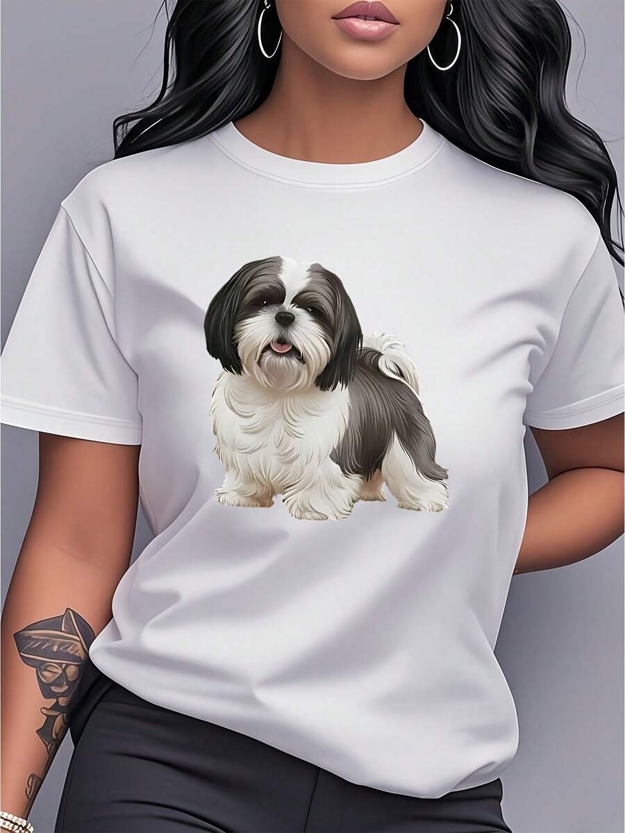 Camiseta con estampado de perro Shih Tzu, de manga corta y cuello redondo, ropa de mujer, moderna y versátil, adecuada para uso diario casual, en casa, salidas y vacaciones, camiseta de mujer de algodón puro con estampado. - Blanco - Ver 1