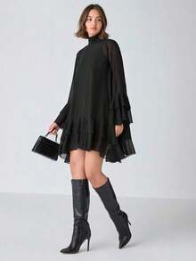 Vestido elegante de manga larga con cuello alto y diseño de capas en unicolor para mujer - Negro - Ver 1