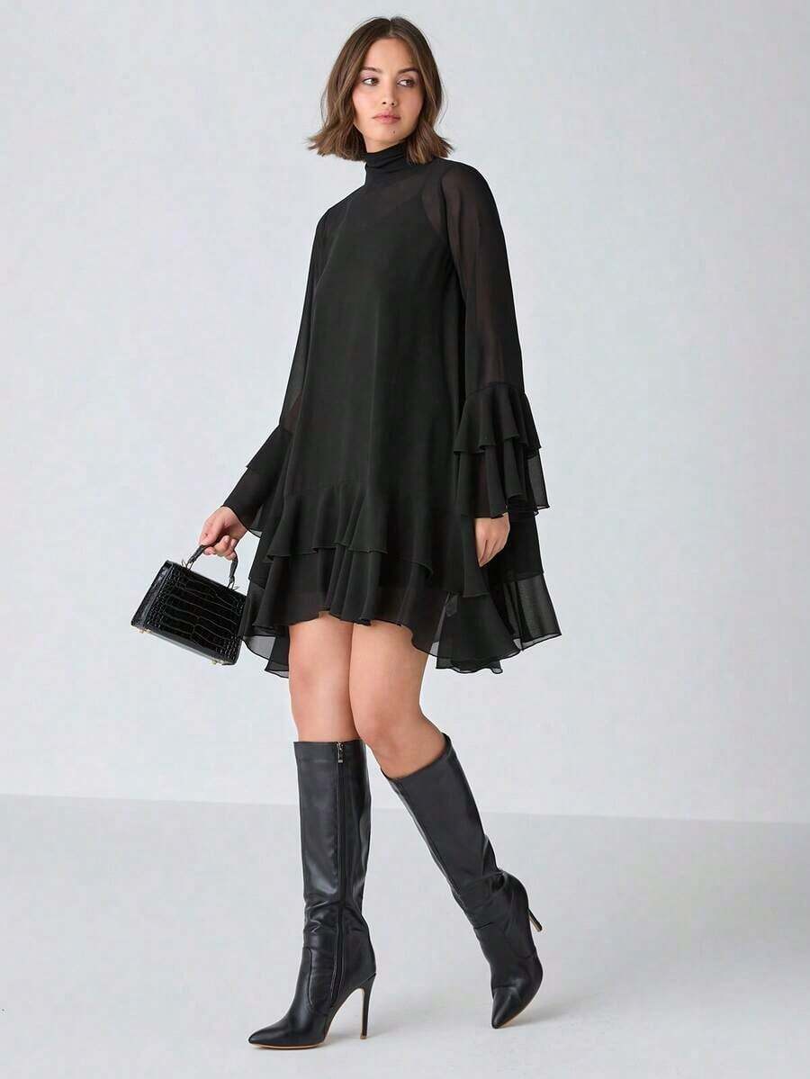Vestido elegante de manga larga con cuello alto y diseño de capas en unicolor para mujer - Negro - Ver 1