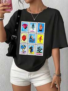 La imagen muestra cartas mexicanas de lotería que simbolizan amor fuerza belleza esperanza y destino en colores vivos camiseta de mujer 100% algodón suave y cómoda para uso diario,Camiseta Gráfica Vintage Oversized Mujer Algodón - Negro - Ver 7