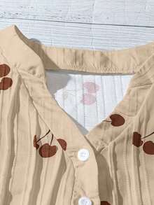 Blusa casual de mujer con estampado de cerezas, cuello plisado y mangas cortas de campana en silueta "H", para uso diario y vacaciones - Caqui - Ver 5