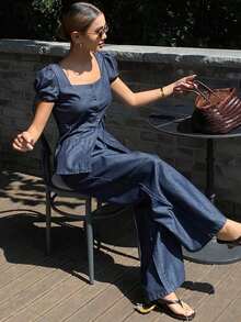 Conjunto casual de verano de mujer con top de mezclilla de cuello cuadrado de manga corta y jeans rectos - Azul lavado oscuro - Ver 6