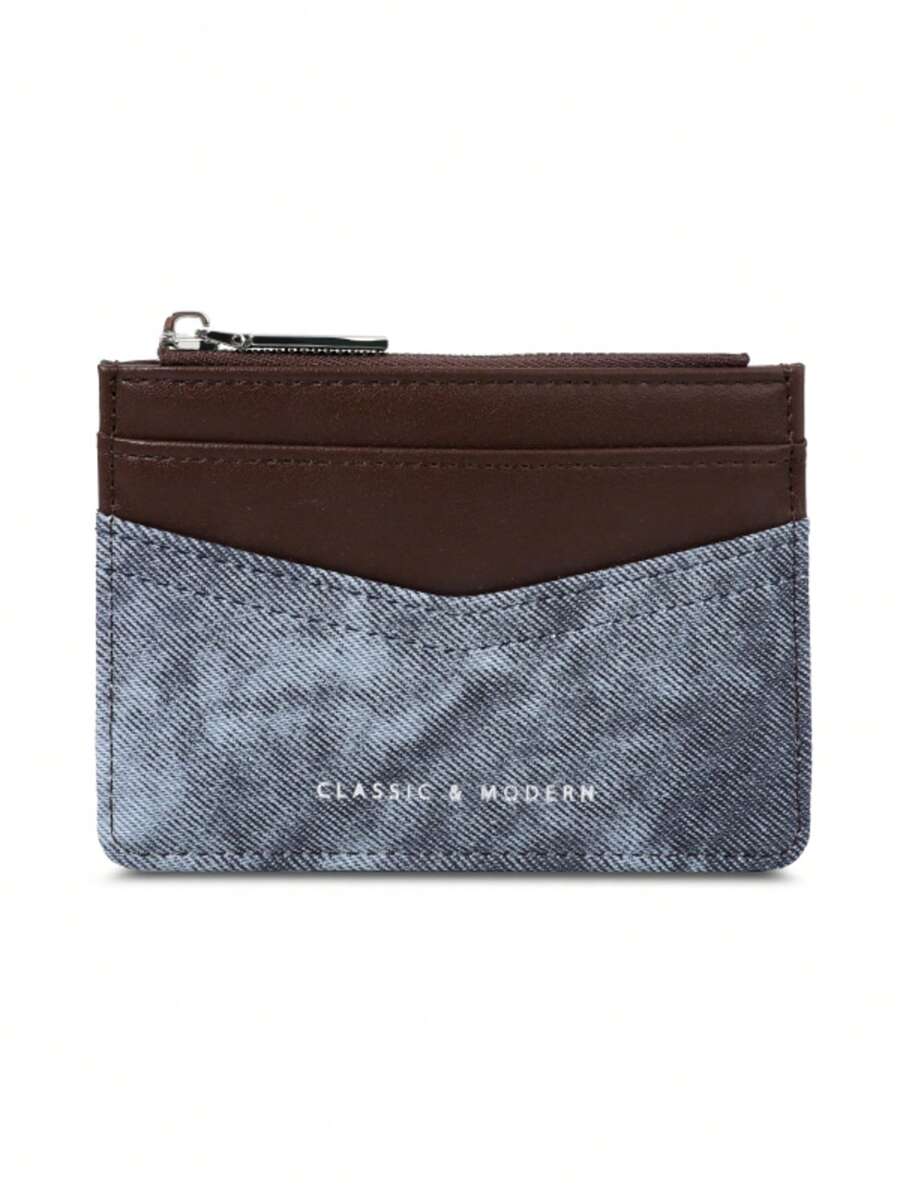Dompet Koin Ritsleting Patchwork Baru, Dompet Multi-Kartu Minimalis PU untuk Wanita, Pengatur Kartu Warna Kontras, Hadiah - Kopi - View 1