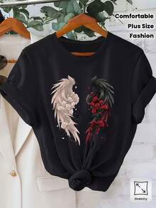 Plus Size - Plus Size - Women's Elegant Gothic Phoenix Bird Print Short Sleeve T-Shirt, Ideal For Curvy Figures, Comfortable And Chic Clothing For All Seasons, Perfect For Everyday Casual Outfits And Urban Style Essentials. - 黑色 - 查看 2
