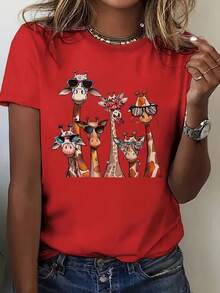 Talla Grande, Camiseta de Manga Corta para Mujer Talla Grande - Blusa con Estampado de Jirafa Estilo Femenino Compatible| Camiseta estilo blusa casual de verano y primavera sin cuello redondo| Ropa de talla grande lavable a mano, adecuada para conjuntos de primavera y verano. - Rojo - Ver 2
