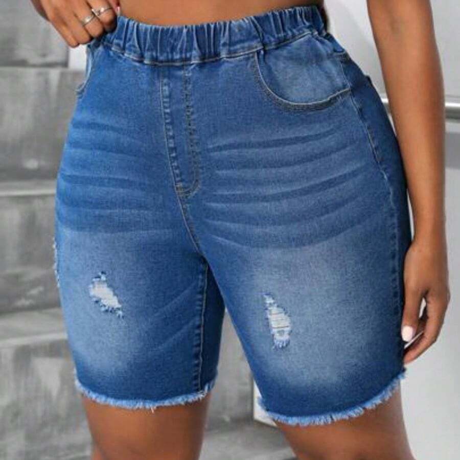 Plus Size Women's Autumn Pockets Distressed Elastic Waist Denim Biker Pants - Azul lavado medio - Ver 1