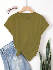 Patrón de moda de primavera y verano estampado de mangas cortas, camisetas casuales de manga corta, camisetas de moda de mujer de talle redondo de talla estándar, ropa de mujer de talla estándar, ropa de mujer - Verde Oliva - Ver 2