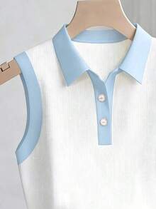 Parte superior sin mangas de contraste de color versátil casual para mujer, top blanco y negro, blusas de verano para mujer, blusas lindas y preppy, top de punto de verano sin mangas, camisa polo de punto para mujer, blusas de punto de verano par - Azul y blanco - Ver 3