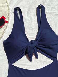 Swim Vcay Traje de baño de una pieza de unicolor negro elegante sin mangas, de cintura alta y con tirantes ajustables, para primavera/verano 2026 - Azul marino - Ver 6