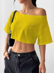 Top corto asimétrico de mujer con cuello blanco y flecos, camiseta de manga corta de moda versátil Y2K oversize y sexy, para primavera/verano - Amarillo claro - Ver 7