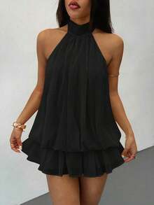 Vestido mini elegante de mujer de color amarillo claro con cuello halter y lazo, adecuado para fiestas, citas, otoño/invierno, primavera/verano - Negro - Ver 5