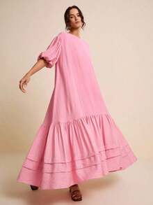 Vestido holgado con mangas abullonadas y cuello redondo, color rosa, para primavera/verano - Rosa - Ver 5