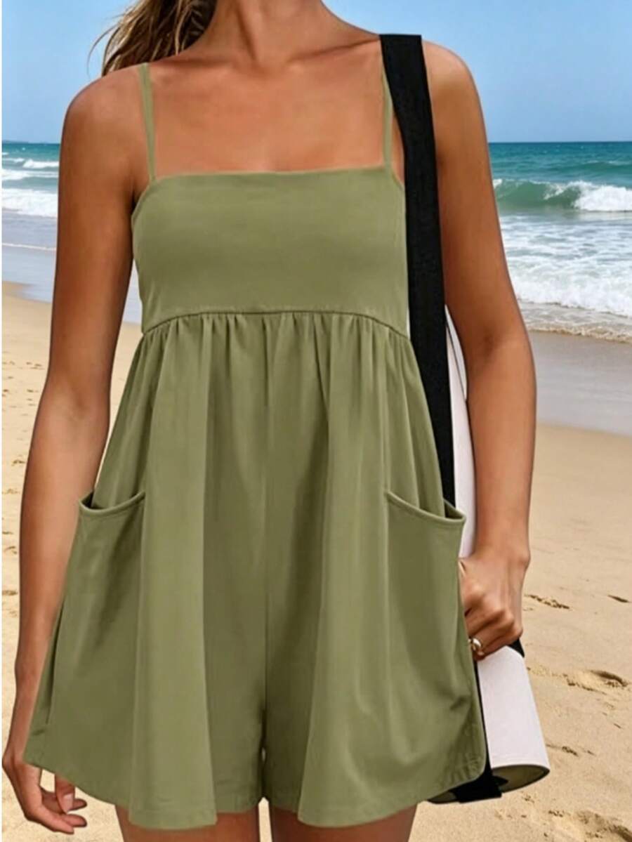 Women Casual Romper Sleeveless Square Neck Playsuit Loose Fit Wide Leg Short Jumpsuit Lightweight Breathable Lounge Outfit Beach Vacation Style Pocket Design Summer Travel Outfit For Women - 軍綠色 - 查看 1